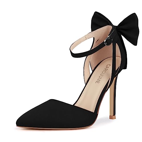 Carcuume Damen Sandalen mit Fliege Zurück Absätze Schließen Zehe Pumps Stiletto High Heels Hochzeit Schuhe Knöchelriemen Ferse Sandalen, Schwarz, 38 EU von Carcuume