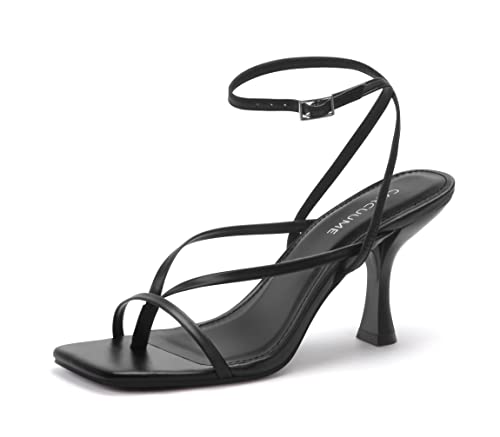 Carcuume Damen-Sandalen mit Kätzchenabsatz, quadratischer Zehenbereich, Knöchelriemen, Stiletto-Absatz, Komplett schwarzes Polyurethan, 37.5 EU von Carcuume