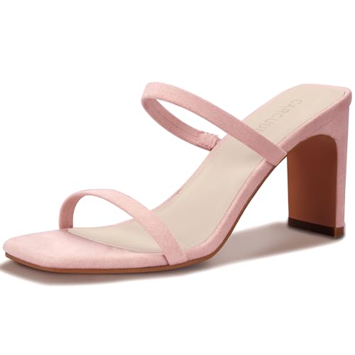 Carcuume Damen-Sandalen mit quadratischem Zehenbereich, zwei Riemen, offener Zehenbereich, Blockabsatz, Schlupfschuhe, Helles Pink, 38 EU von Carcuume