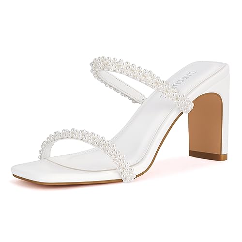 Carcuume Damenschuhe Square Toe Zwei Riemen Offene Zehe Block Heels Sandalen Slip On Schuhe, white pearl, 43 EU von Carcuume
