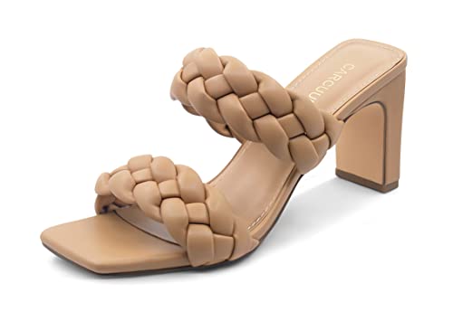 Carcuume Geflochtene Damen-Sandalen, quadratisch, offene Zehenpartie, zwei Riemen, gewebter Pantoletten, bequeme Sandalen mit Absatz, Beige PU, 38 EU von Carcuume