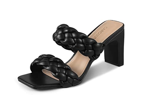 Carcuume Geflochtene Damen-Sandalen, quadratisch, offene Zehenpartie, zwei Riemen, gewebter Pantoletten, bequeme Sandalen mit Absatz, Schwarz (Black Pu), 38 EU von Carcuume