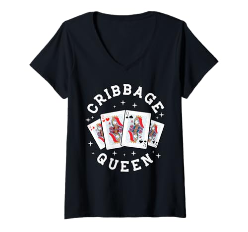 Damen Cribbage Queen Spielkarten-Design T-Shirt mit V-Ausschnitt Damen Cribbage Queen Spielkarten-Design T-Shirt mit V-Ausschnitt von Card Game Enthusiast Designs