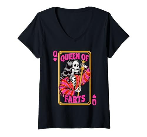 Damen Lustiges Skelett Spruch Königin der Fürze Humor Witz Frauen Männer T-Shirt mit V-Ausschnitt von Card Game Lovers Poker Meme Gag Skeleton Fans