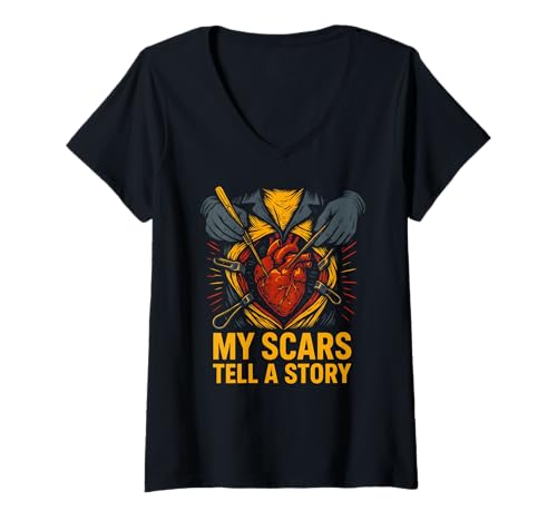 Damen Heart Warrior My Scars Tell a Story Cool Chirurgie Patient T-Shirt mit V-Ausschnitt von Cardiac Crew Hospital Patient Surgery Recovery