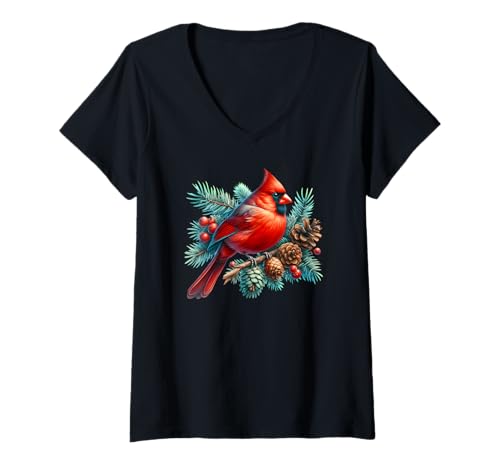 Damen Red Cardinal Bird Tannenzapfen Beere Winter Natur Kunstwerk T-Shirt mit V-Ausschnitt Damen Red Cardinal Bird Tannenzapfen Beere Winter Natur Kunstwerk T-Shirt mit V-Ausschnitt von Cardinal Nature Art Holiday Wildlife Gifts