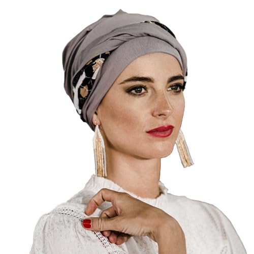 Carebell Elegance Black Abstract Onkologischer Turban aus Bambus und Baumwolle für Chemotherapie oder Alopezie, Perlgrau, One size von Carebell