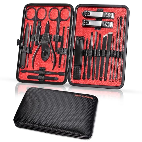 Maniküre Set Nagelset 23-teiliges Pediküre Set Nagelknipser Edelstahl Tragbarer Nagelschere Set mit PU Ledertasche Nagelpflegeset Professionelle Rundum Hand Fußpflege Kit für Damen Herren, Schwarz Rot von Carehabi