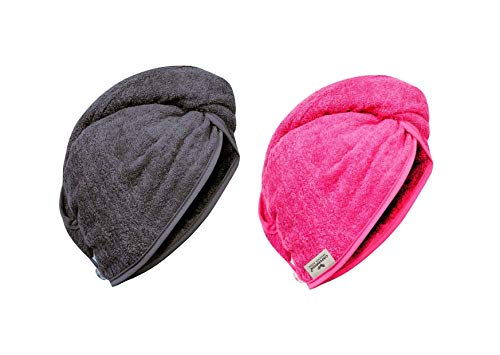 Carenesse Haarturban Baumwolle 2er Set I 2x stabiles Turban Handtuch mit Knopf & Schlaufe pink/grau I Haarhandtuch saugstark zur schonenden Haartrocknung OHNE Plastik von Carenesse