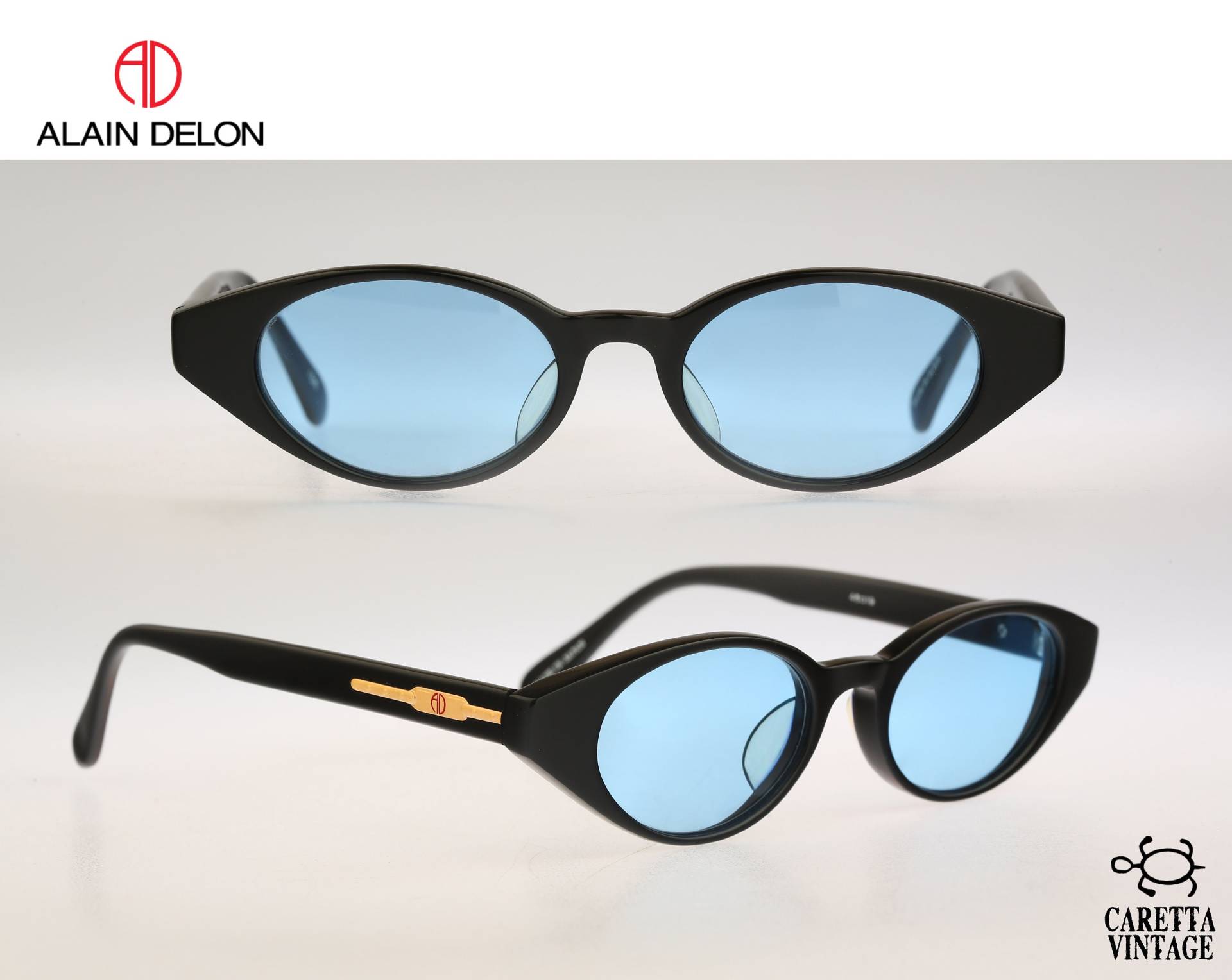 Alain Delon 3568A, Vintage 90Er Jahre Getönte Blaue Linsen Unikat Schwarz Slim Oval Sonnenbrille Damen Nos von CarettaVintageCo