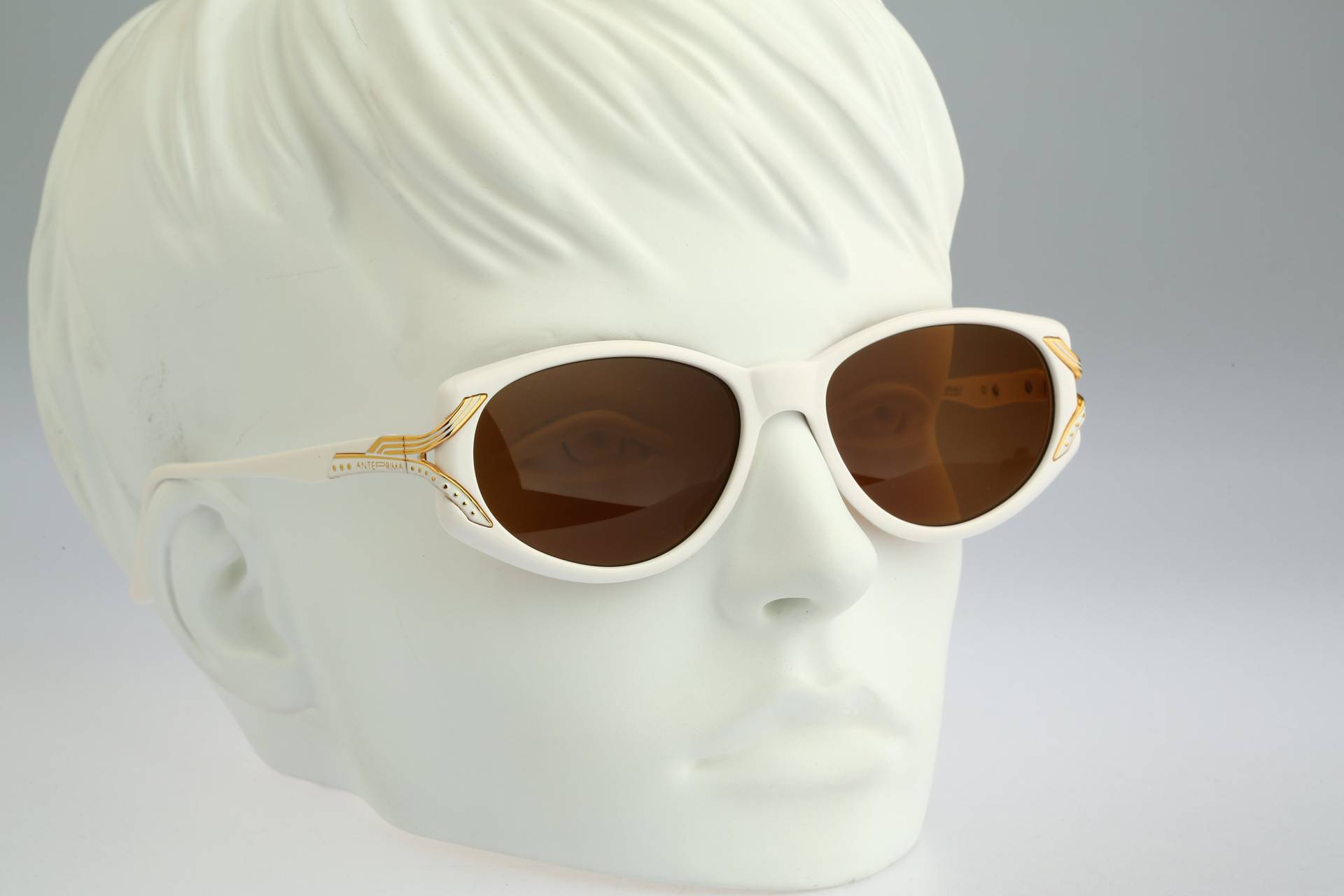 Anteprima Sharon, Vintage 90Er Jahre Gold & Weiß Rechteck Sonnenbrille Damen, Nos von CarettaVintageCo