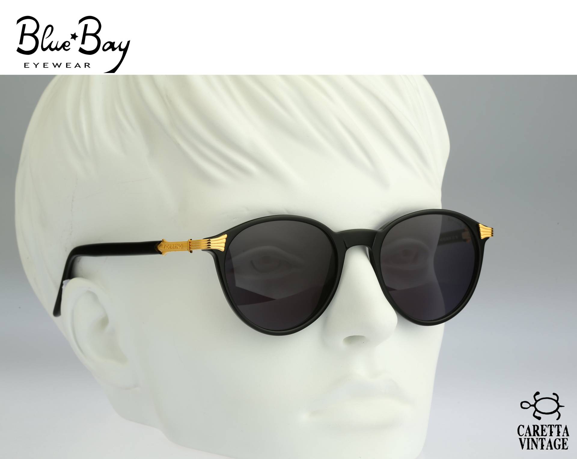Blue Bay Rolling 105 700, Vintage 90Er Gold & Schwarz Panto Rund Sonnenbrille Damen Nos von CarettaVintageCo