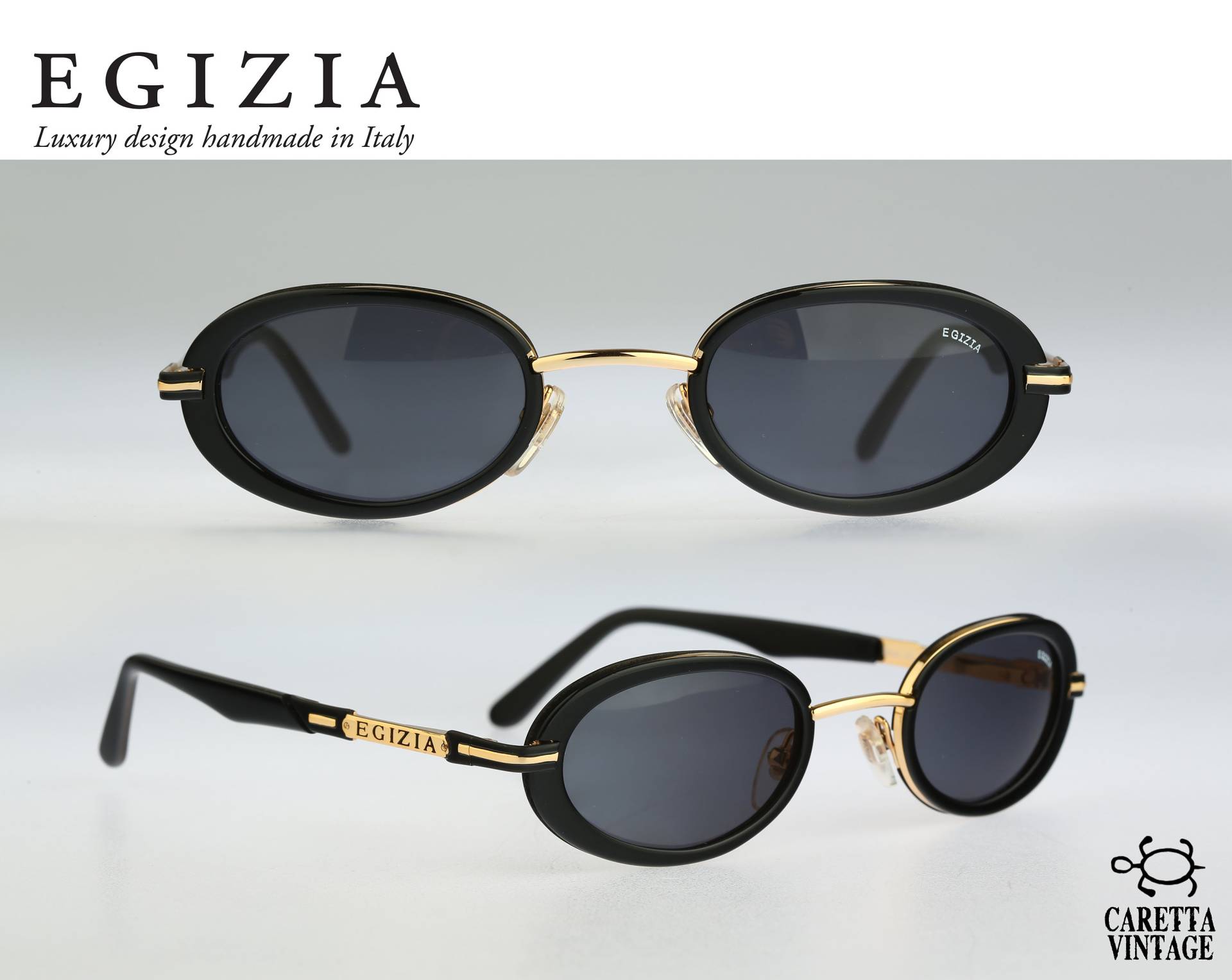 Egizia 33 02, Vintage 90Er Jahre Einzigartige Schwarze Und Goldene Ovale Sonnenbrille Frauen, Nos von CarettaVintageCo