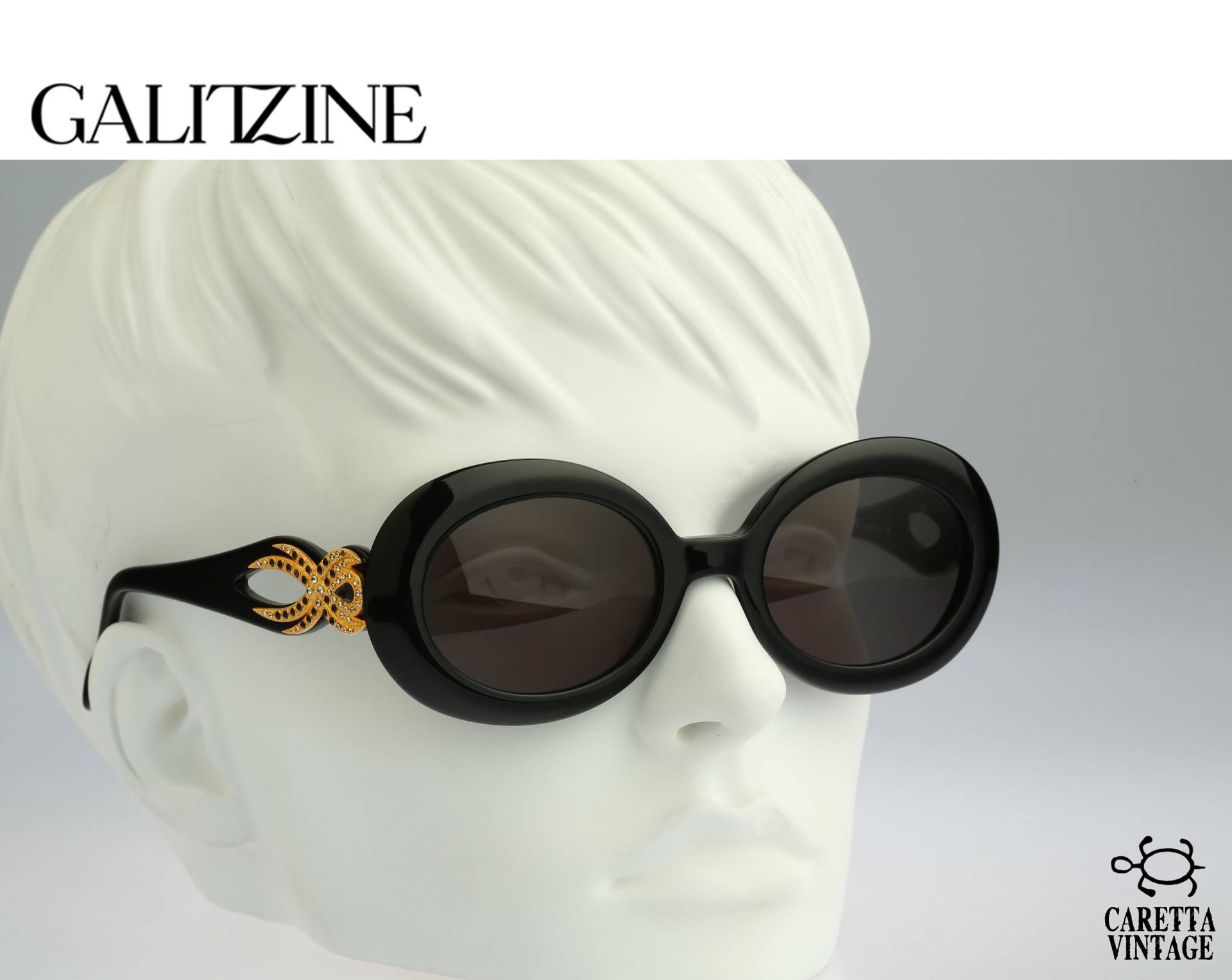 Galitzine G13, Vintage 90Er Jahre Schwarz Und Gold Strasssteine Ovale Sonnenbrille Frauen Nos von CarettaVintageCo