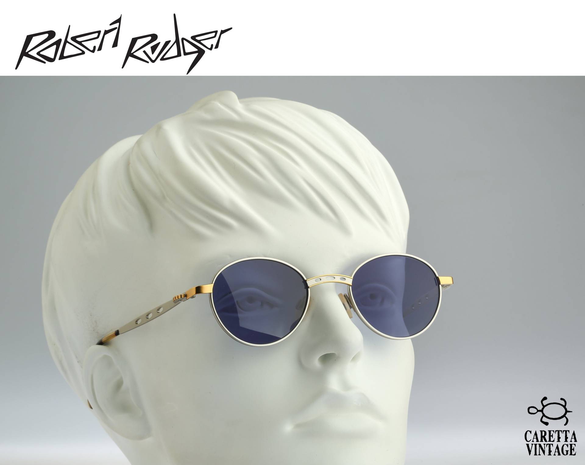 Kleine Runde Sonnenbrille Herren, Robert Rudger 0027 148 27, Vintage 90Er Jahre Getönte Blaue Linsen Unikat Gold & Silber Steampunk Damen Nos von CarettaVintageCo