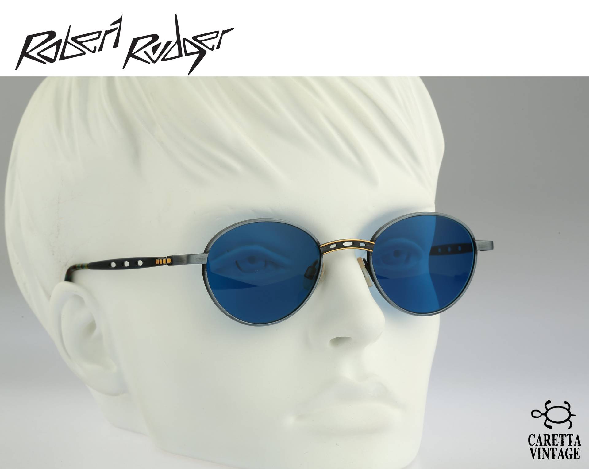 Kleine Runde Sonnenbrille Herren, Robert Rudger 0027 190 E4, Vintage 90Er Blau Unikat Gunmetal Kleine Steampunk Damen Nos von CarettaVintageCo