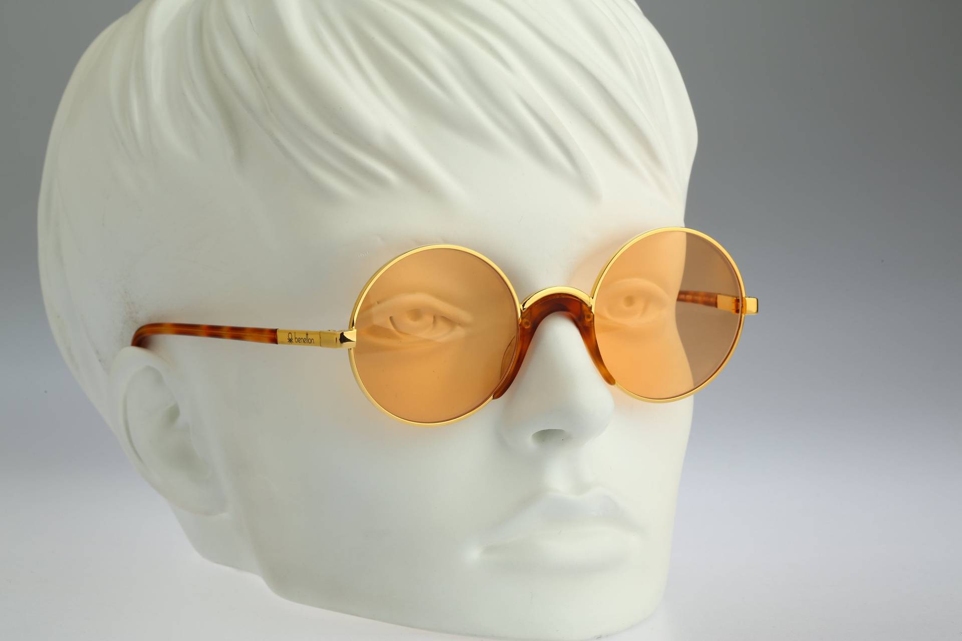 Kreis Sonnenbrille Herren, Benetton Class Collection 8, Vintage 90Er Jahre Unikat Schildkröte & Gold Rund Orange Damen Nos von CarettaVintageCo