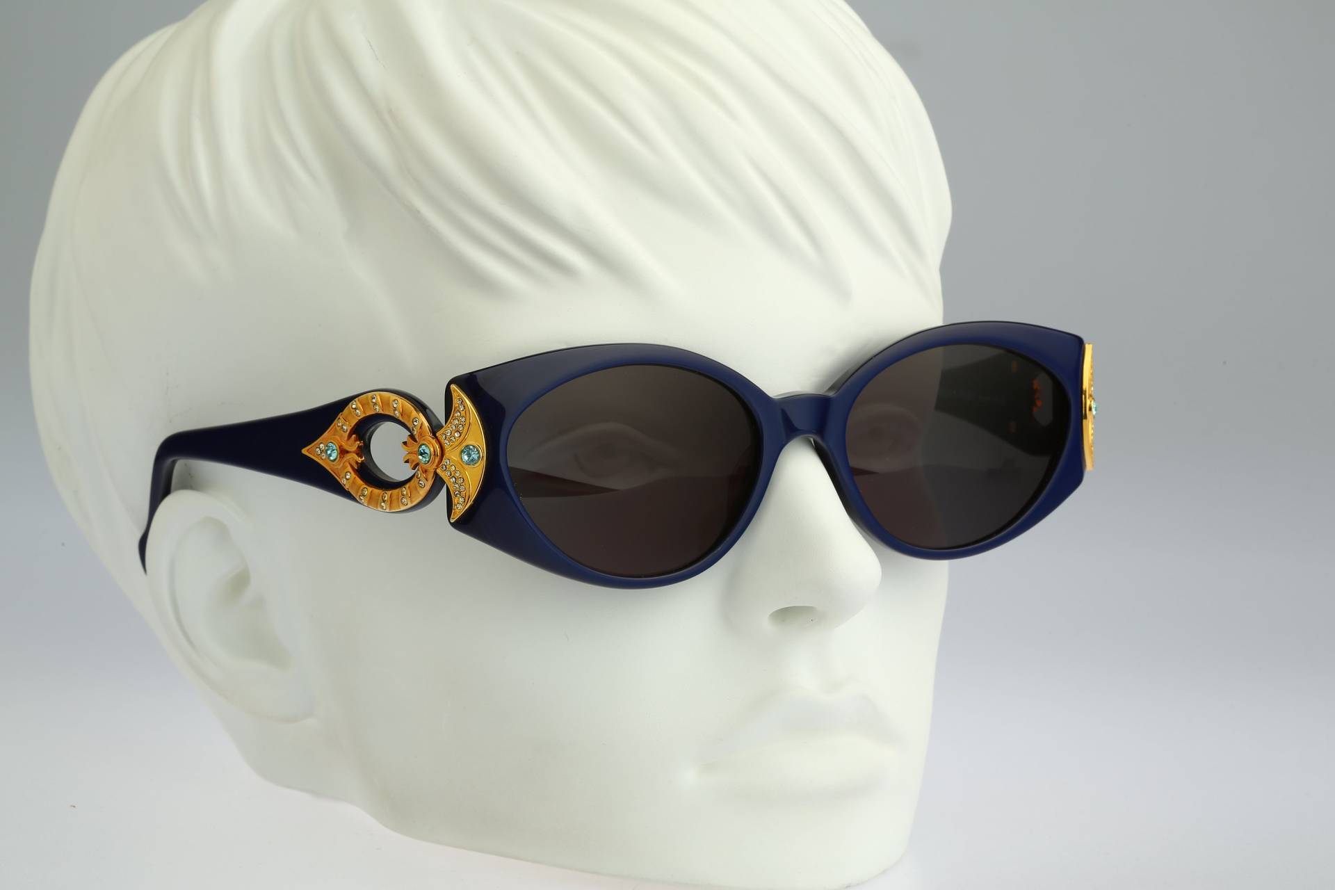 Linea Pitti 505, Vintage 90Er Jahre Unikat Gold & Marineblau Strass Oval Katzenauge Sonnenbrille Damen Nos von CarettaVintageCo