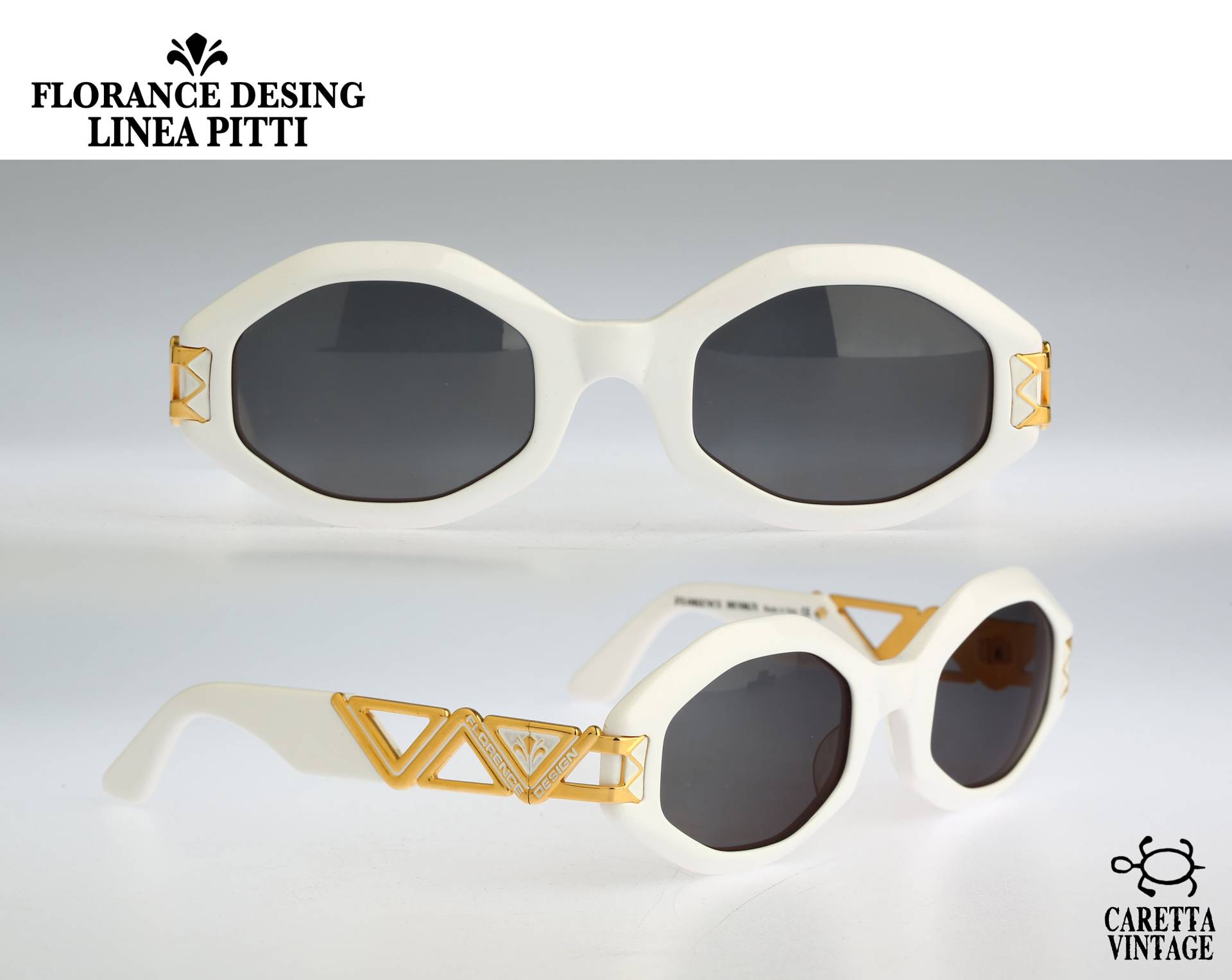 Linea Pitti 556, Vintage 90Er Jahre Gold Und Weiß Hexagon Sonnenbrille Damen Nos von CarettaVintageCo