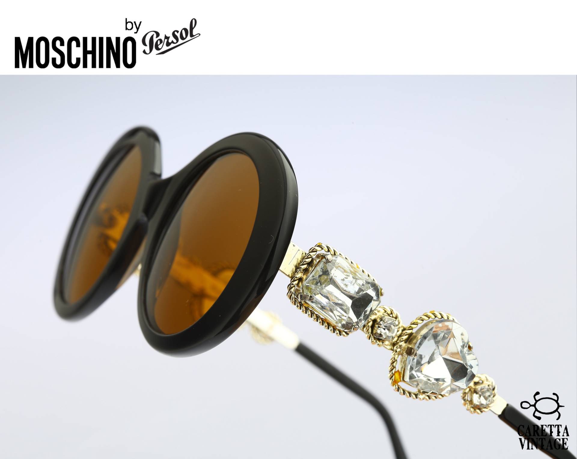 Moschino M253, Vintage 90Er Jahre Unikat Strass Schwarze Übergroße Runde Sonnenbrille Damen, Nos von CarettaVintageCo