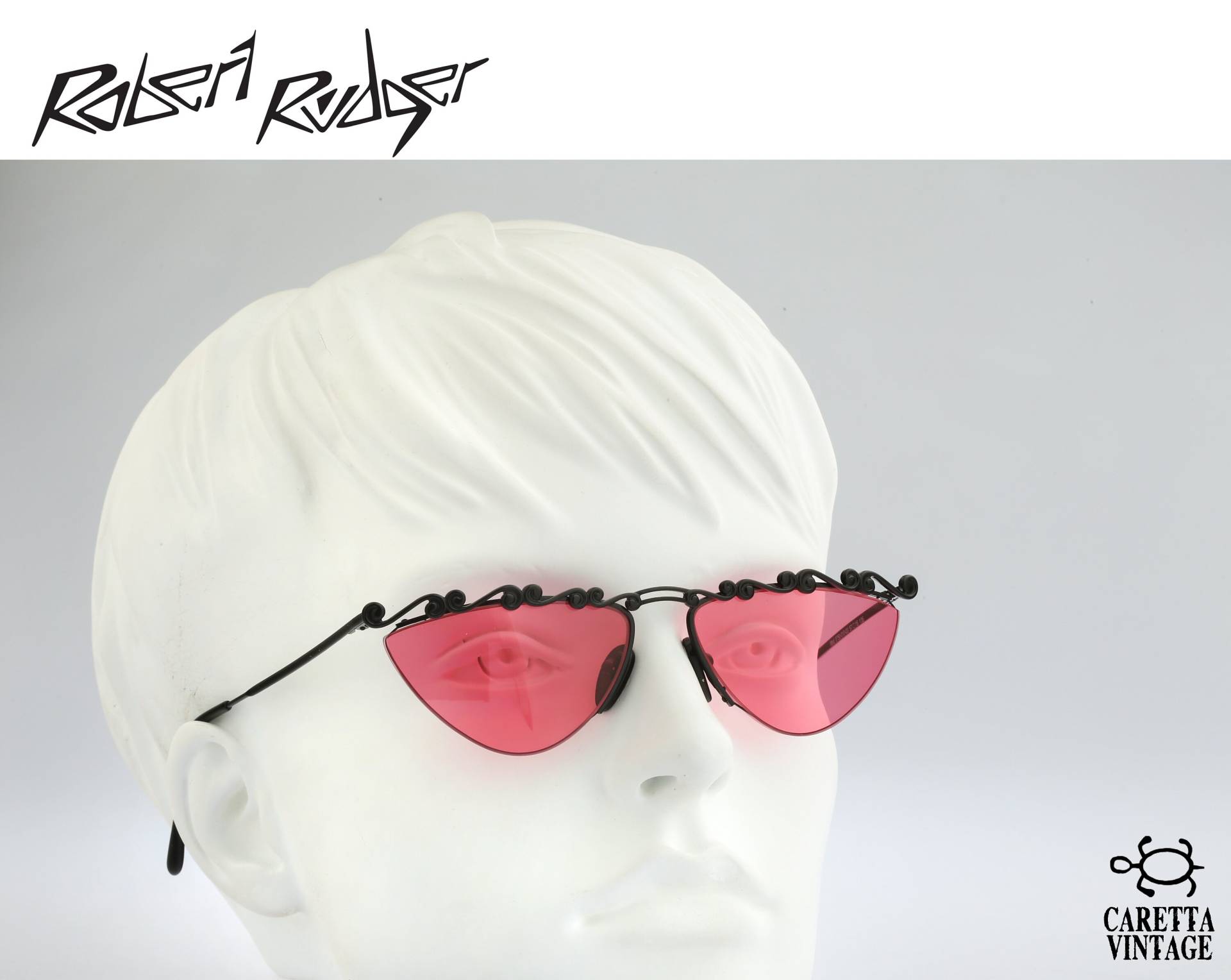 Robert Rudger 0750 010 03, Vintage 90Er Jahre Getönte Rosa Linsen Unikat Halbrand Schwarze Cateye Sonnenbrille Damen, Nos von CarettaVintageCo