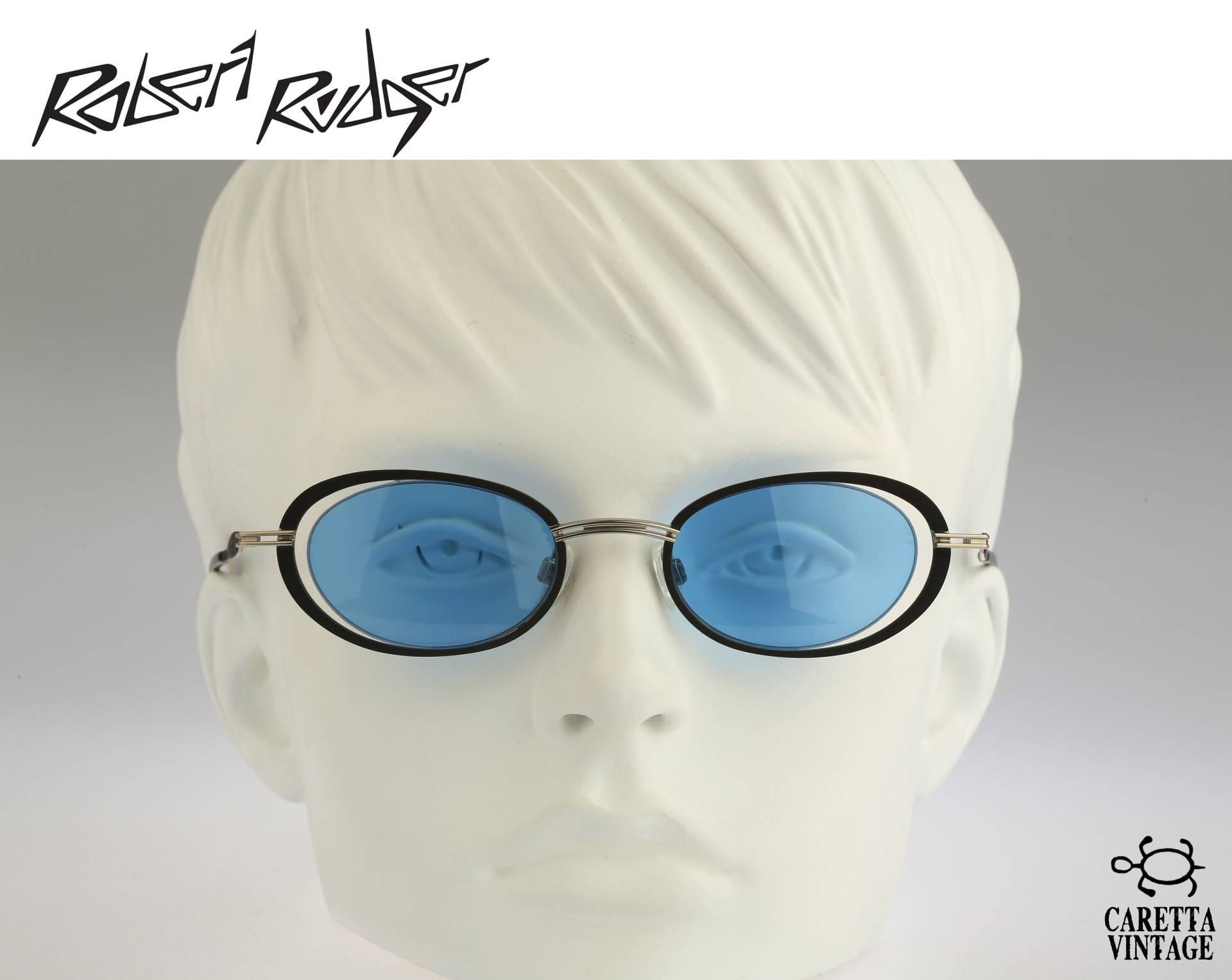 Robert Rudger 1930 249 22, Vintage 90Er Jahre Getönte Blaue Linsen Unikat Schwarz Oval Sonnenbrille Damen, Nos von CarettaVintageCo