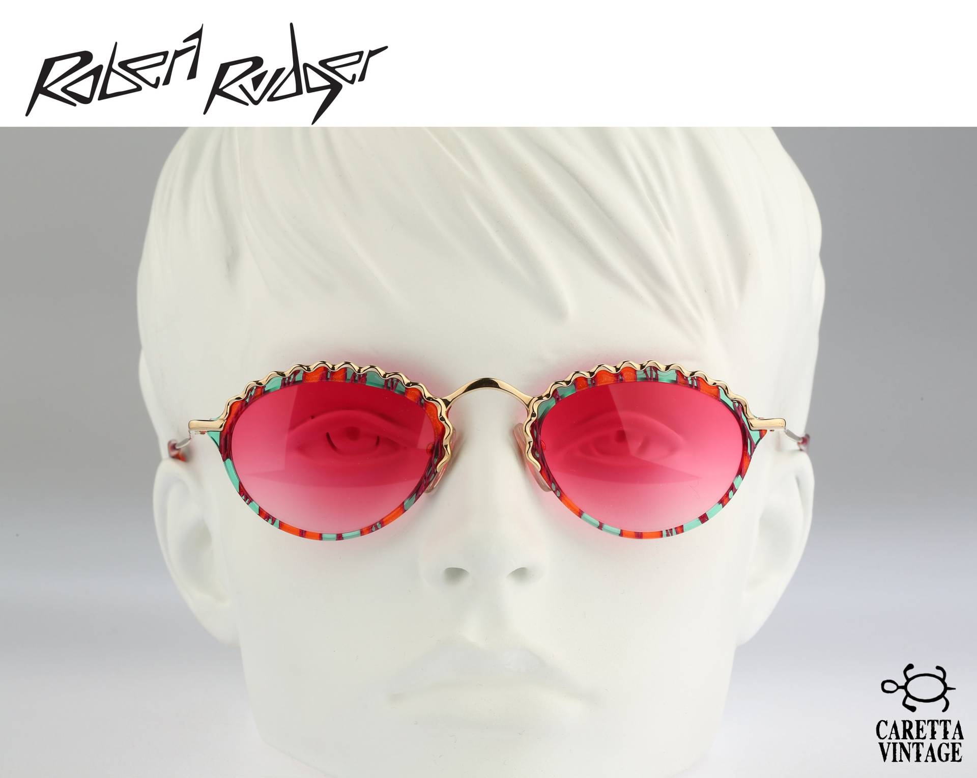 Runde Sonnenbrille Damen, Robert Rudger 0870 137 01, Vintage 90Er Jahre Unikat Bunt & Gold Viktorianisch Pink Nos von CarettaVintageCo