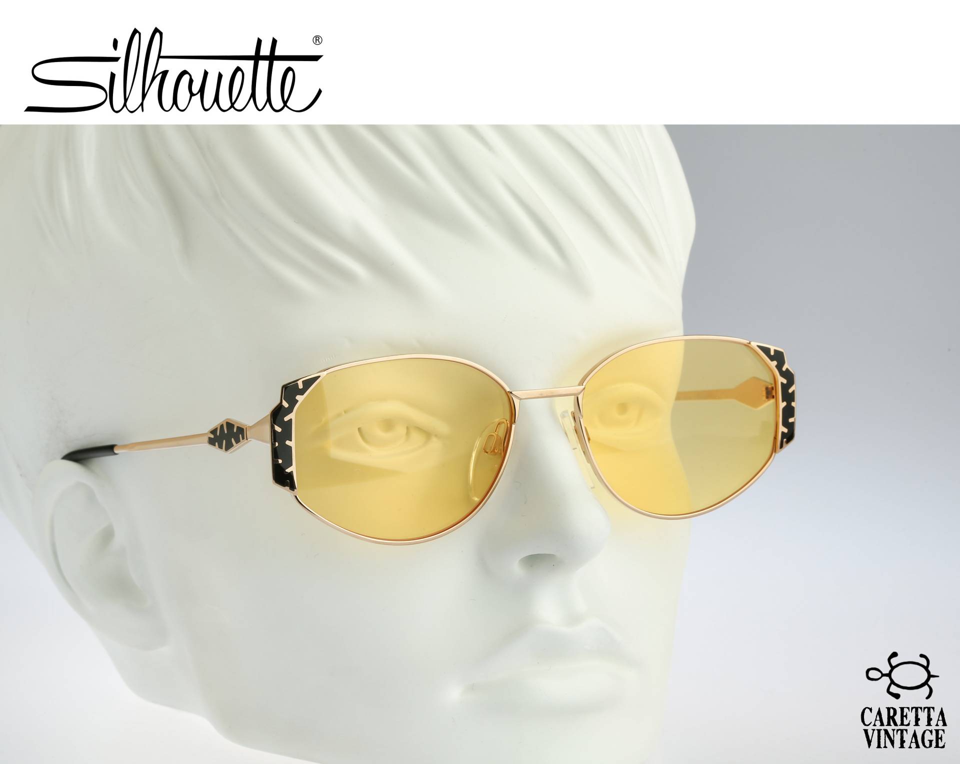 Silhouette M 6172, Vintage 80Er Jahre Getönte Gelbe Gläser Unikat Schwarz & Gold Cat Eye Sonnenbrille Damen, Nos von CarettaVintageCo