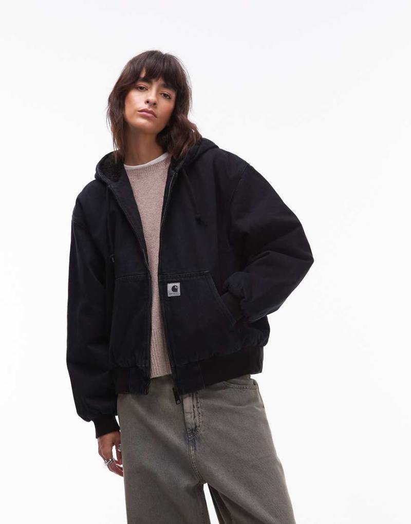 Carhartt WIP - OG Active - Jeansjacke in überfärbtem dunklem Marineblau mit Kunstpelz-Futter von Carhartt WIP