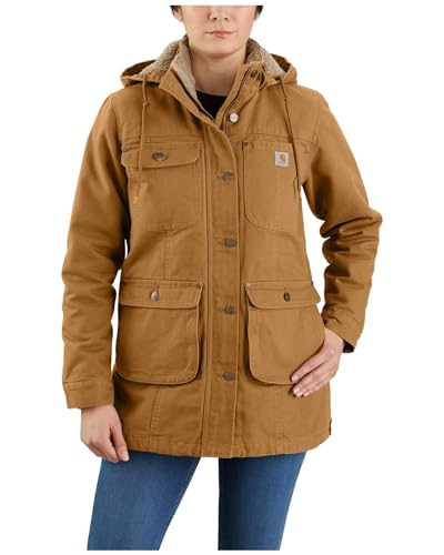 Carhartt Damen Jacke Relaxed Fit - Isolierte Baumwoll-Duck-Jacke mit Abnehmbarer Kapuze, Carharrt Brown, L von Carhartt