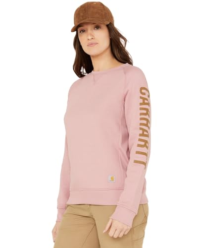 Carhartt Damen-Sweatshirt, lockere Passform, mittelschwer, Rundhalsausschnitt, Block-Logo-Ärmel, Grafik-Sweatshirt, Foxglove Heather, M von Carhartt