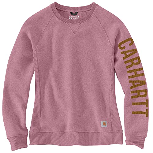 Carhartt Damen-Sweatshirt, lockere Passform, mittelschwer, Rundhalsausschnitt, Block-Logo-Ärmel, Grafik-Sweatshirt, Foxglove Heather, S von Carhartt