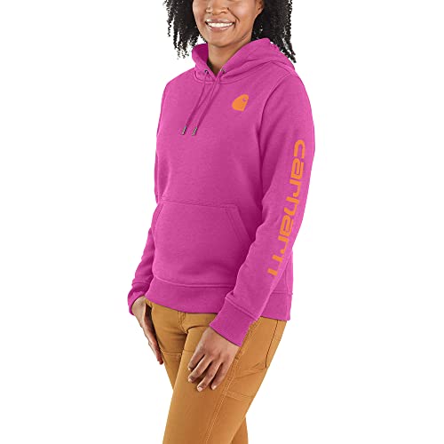 Carhartt Damen-Sweatshirt mit lockerer Passform, mittelschwer, Logo-Ärmel, Grafik-Sweatshirt, Magenta Achat Heather, S von Carhartt