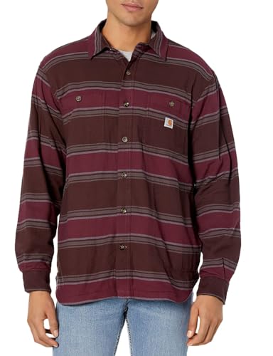 Carhartt Herren Rugged Flex Relaxed Fit Midweight Flannel Fleece-Lined Work Utility Button Down Shirt, Dunkelbraun Gestreift, L EU von Carhartt