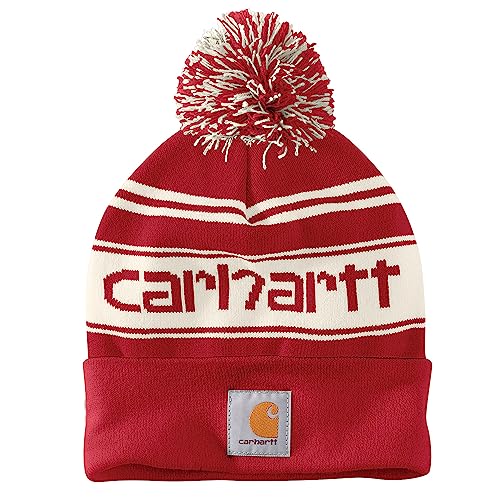 Carhartt Herren Strickmütze mit Bommel und Logo, Rot/Winterweiß meliert, Einheitsgröße von Carhartt