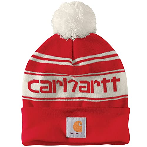 Carhartt Herren Strickmütze mit Bommel und Logo Beanie-Mütze, Einheitsgröße, Red Winter White von Carhartt