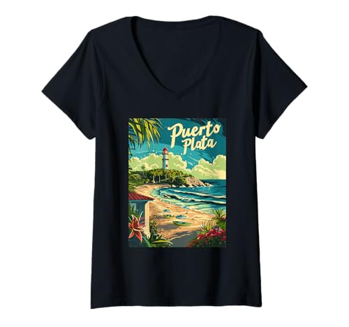 Damen Puerto Plata Scenic Beach Leuchtturm Kunst T-Shirt mit V-Ausschnitt Damen Puerto Plata Scenic Beach Leuchtturm Kunst T-Shirt mit V-Ausschnitt von Caribbean Coastal Paradise Views