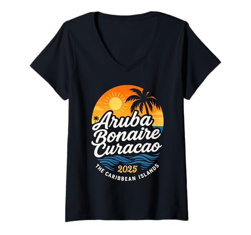 Damen 2025 ABC Islands Aruba Bonaire Curacao Kreuzfahrt Urlaub T-Shirt mit V-Ausschnitt von Caribbean Group Matching Souvenir, Family Gifts