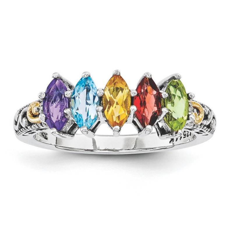 Antiqued Sterling Silber Und 14K Mit Diamant Akzent Mutter Birthstone Ring 2 - 5 Marquise Stones von CarinaGems