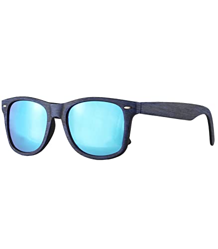 Caripe Damen Herren Sonnenbrille verspiegelt Retro Nerd Vintage 80er, SP (LS535 Holzoptik Blau Blau Verspiegelt) von Caripe