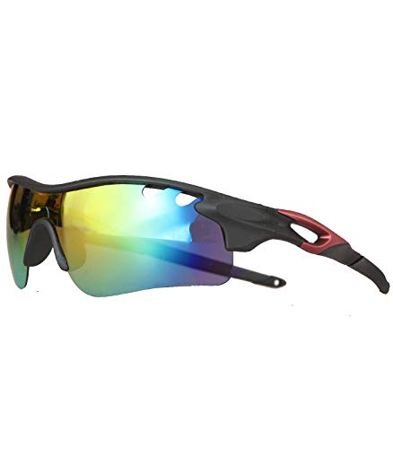 Caripe Herren Damen Sonnenbrille polarisiert schwarz matt Motorrad Fahrrad Sport Bikerbrille 3011 (Schwarz Matt Rot Rainbow Verspiegelt) von Caripe