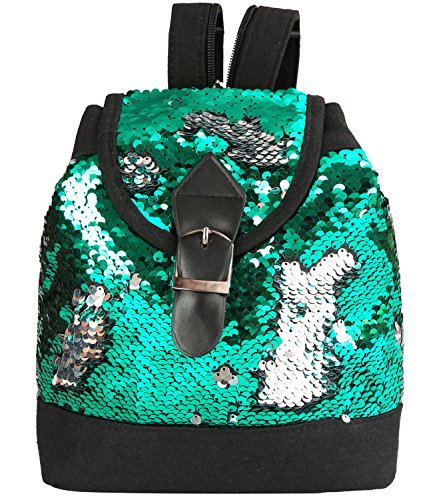 Caripe Rucksack klein Glitzer Pailletten Glitter Damen Mädchen Schultertasche Tasche Wendepailletten Glitter - ranya2 (grün-silber) von Caripe