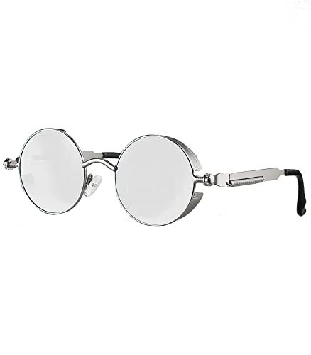 Caripe Steampunk Sonnenbrille rund Retro Vintage Gothic Metall Damen Herren – stema1 (Silber Silber Verspiegelt) von Caripe