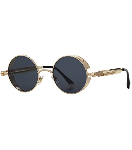 Caripe Steampunk Sonnenbrille rund Retro Vintage Gothic Metall Damen Herren – stema1 (gold - black getönt) von Caripe