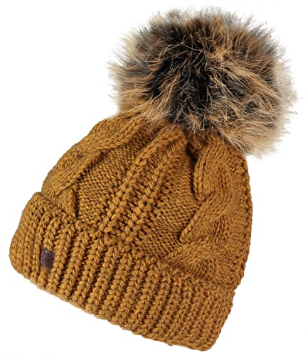 caripe Wintermütze warm gefüttert Bommel Damen Bommelmütze Mütze Fleece Innenfutter Kunstfell Fellbommel Strickmütze, Zupa (8-zopf Senfgelb) von caripe