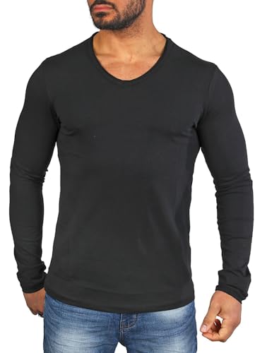 Carisma Herren Basic Uni Longsleeve einfarbiges Langarm T-Shirt tiefer V-Ausschnitt dehnbar Stretch 3428-3441, Grösse:3XL, Farbe:Schwarz (Destroyed Look) von Carisma