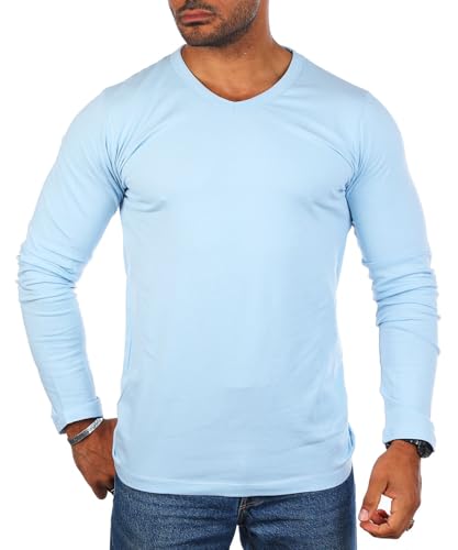 Carisma Herren Basic Uni Longsleeve einfarbiges Langarm T-Shirt tiefer V-Ausschnitt dehnbar Stretch 3428-3441, Grösse:4XL, Farbe:Hellblau (Regular Look) von Carisma
