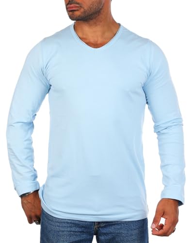 Carisma Herren Basic Uni Longsleeve einfarbiges Langarm T-Shirt tiefer V-Ausschnitt dehnbar Stretch 3428-3441, Grösse:L, Farbe:Hellblau (Destroyed Look) von Carisma