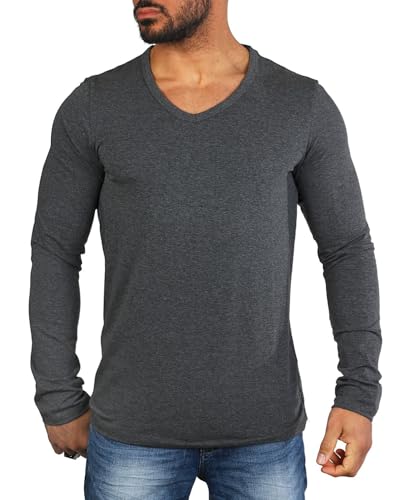 Carisma Herren Basic Uni Longsleeve einfarbiges Langarm T-Shirt tiefer V-Ausschnitt dehnbar Stretch 3428-3441, Grösse:M, Farbe:Dunkelgrau Melange (Regular Look) von Carisma