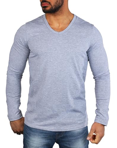 Carisma Herren Basic Uni Longsleeve einfarbiges Langarm T-Shirt tiefer V-Ausschnitt dehnbar Stretch 3428-3441, Grösse:M, Farbe:Grau Melange (Regular Look) von Carisma